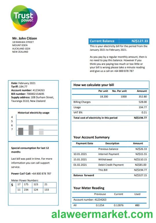 New Zealand Trustpower utility bill template in Word and PDF format